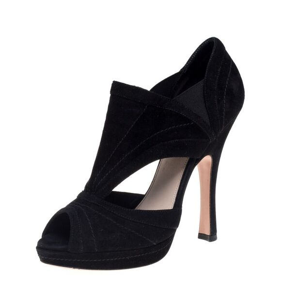 Prada Black Suede Cutout Peep Toe Booties Size 37.5 - Picture 1 of 4